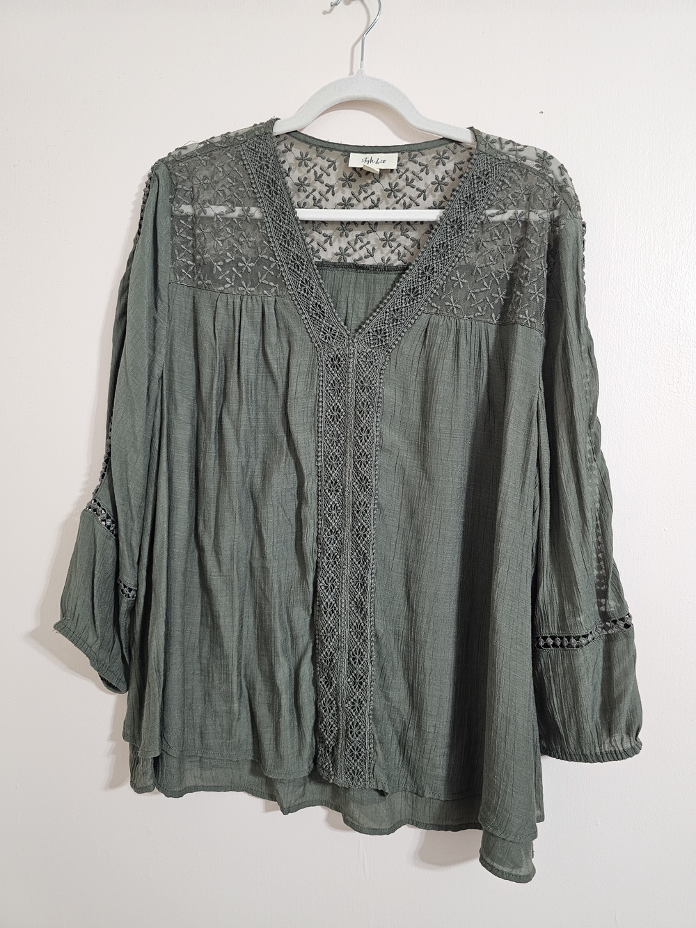 Style & Co XL Olive Green Boho Lace-Trim Peasant Top